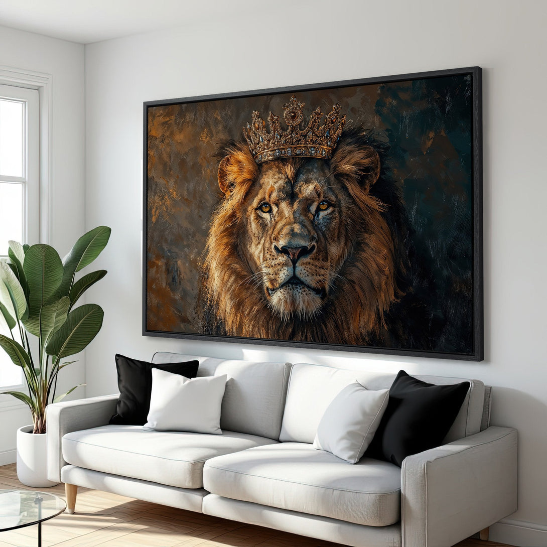 Framed Wall Art: Majestic lion portrait with crown. Warm, earthy tones. Perfect for modern home decor. Canvas Print adds regal touch to any space.