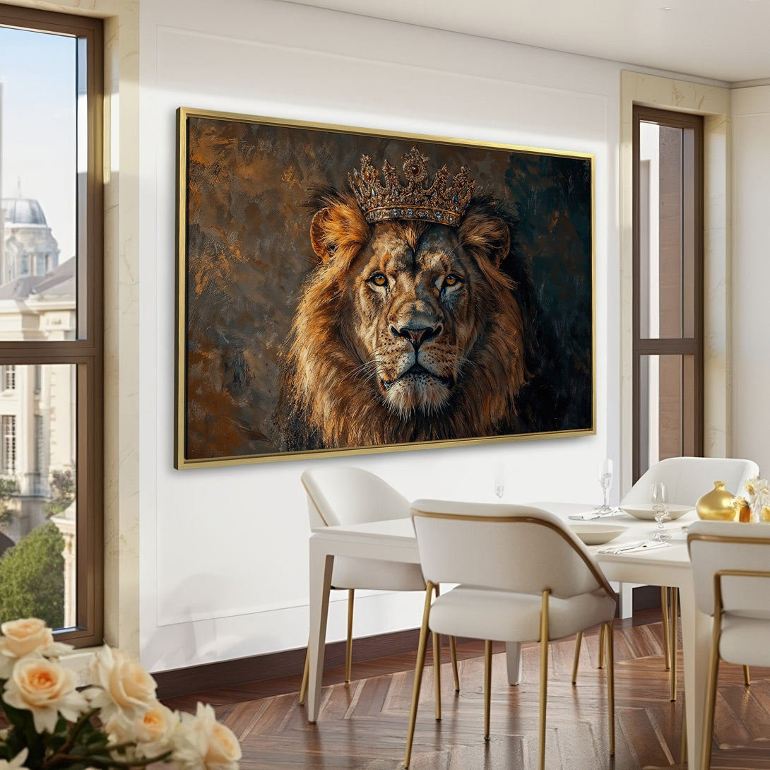 Canvas Print of a majestic lion with a crown, rich brown and gold tones, displayed in a luxurious interior with a green color palette.