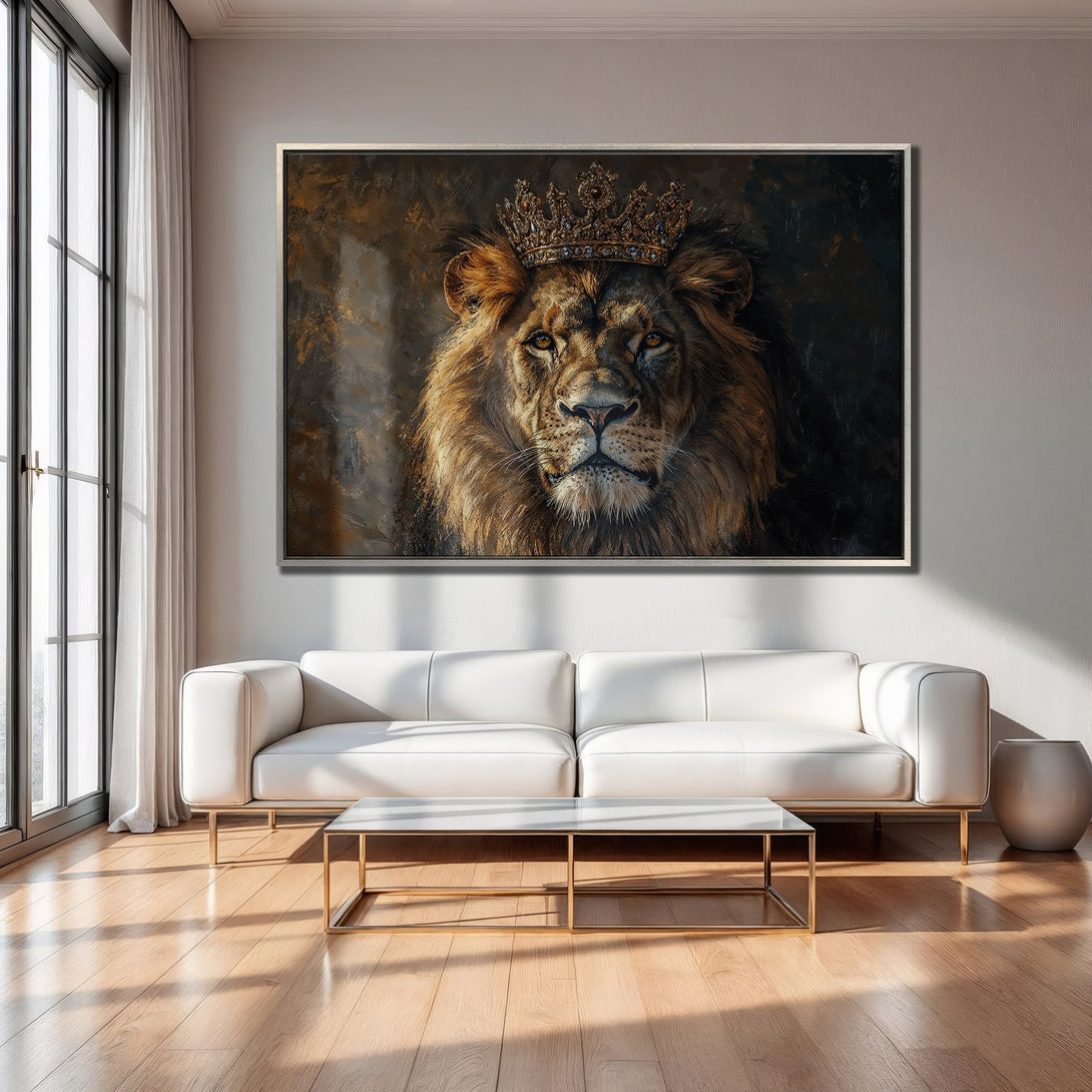 Framed Wall Art: Majestic lion with crown, regal portrait in warm gold and brown tones, perfect for a stylish living room.