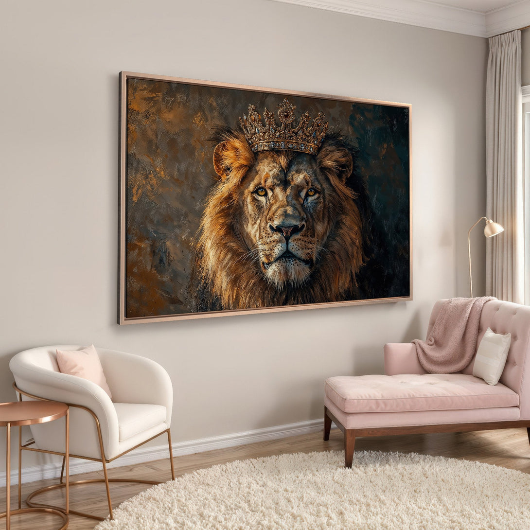 Framed Wall Art: Majestic lion portrait with crown in warm, earthy tones. Perfect for adding a touch of regal elegance to your home decor.