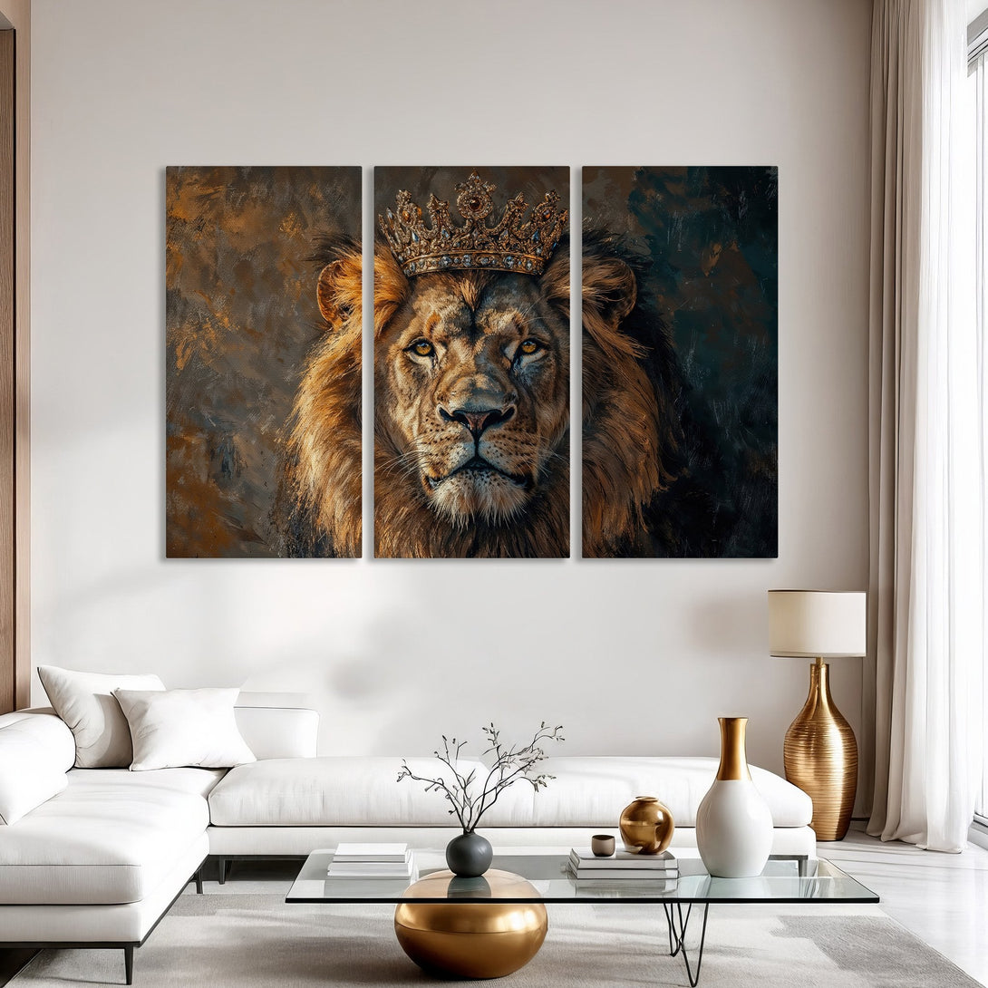 Canvas Print: Majestic lion wearing a crown. Regal wall art in warm gold, brown, and dark tones. Perfect for adding a touch of luxury to your home.