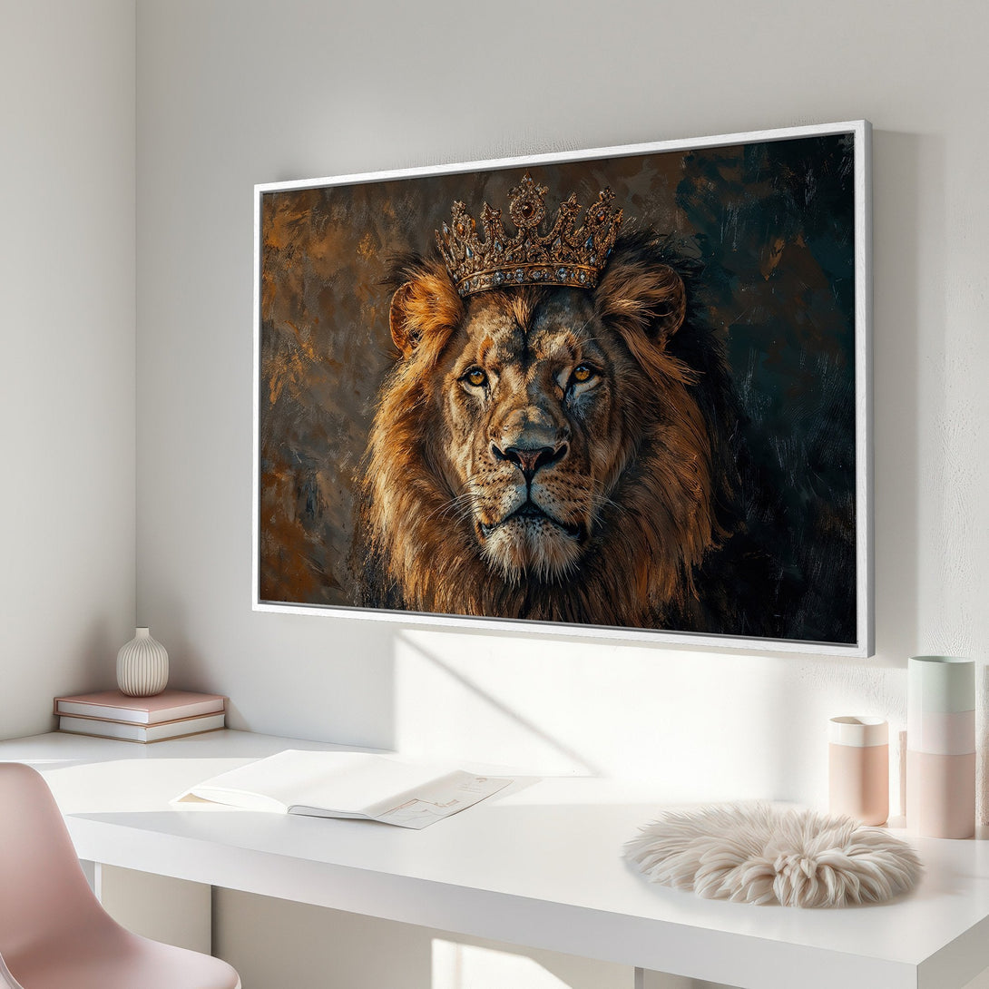Framed Wall Art: Majestic lion portrait with crown, warm brown and gold tones. Regal decor for your home. Add a touch of royalty with this canvas print.