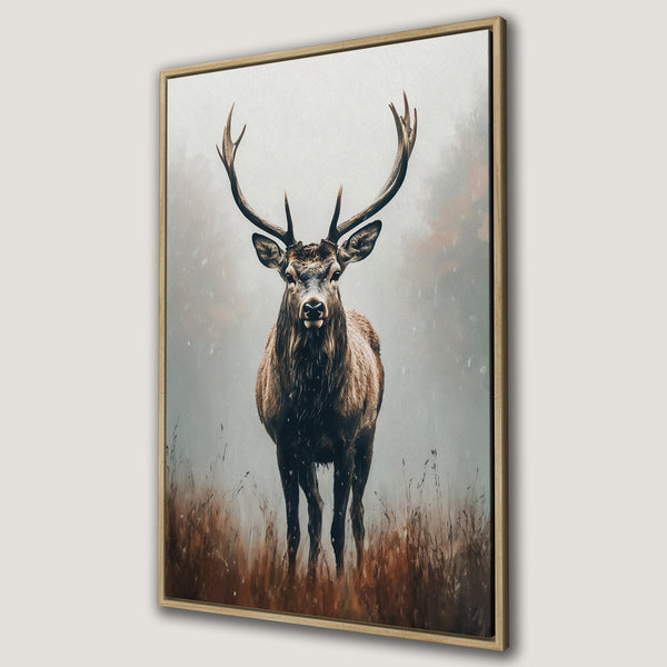 Framed Wall Art featuring a majestic stag in a muted color palette of browns and grays. Rustic style canvas print adds a touch of nature to any space.