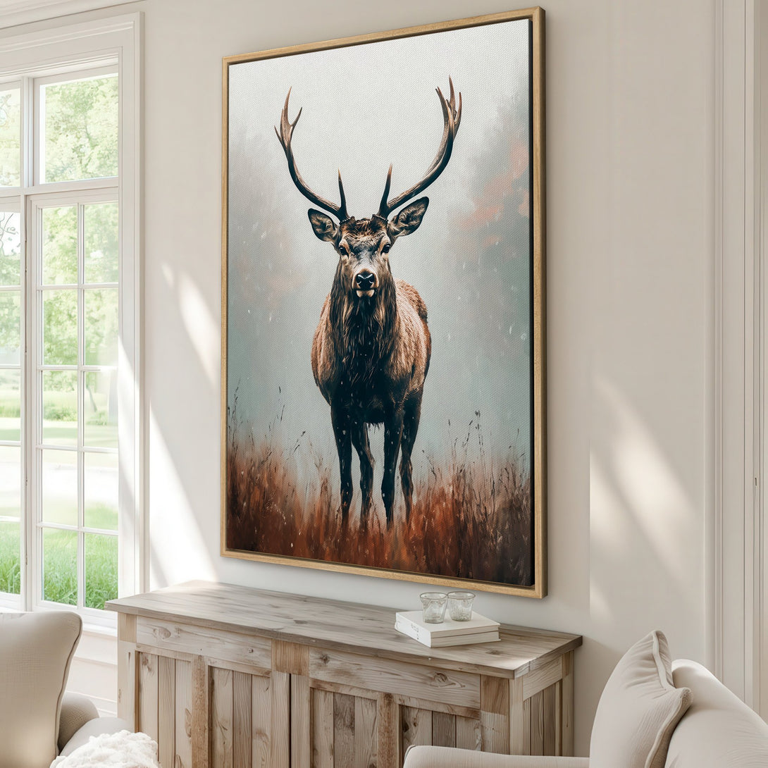 Framed Wall Art: Majestic stag canvas print in a rustic style, showcasing a brown and grey color palette. Perfect for adding a touch of nature to your home decor.