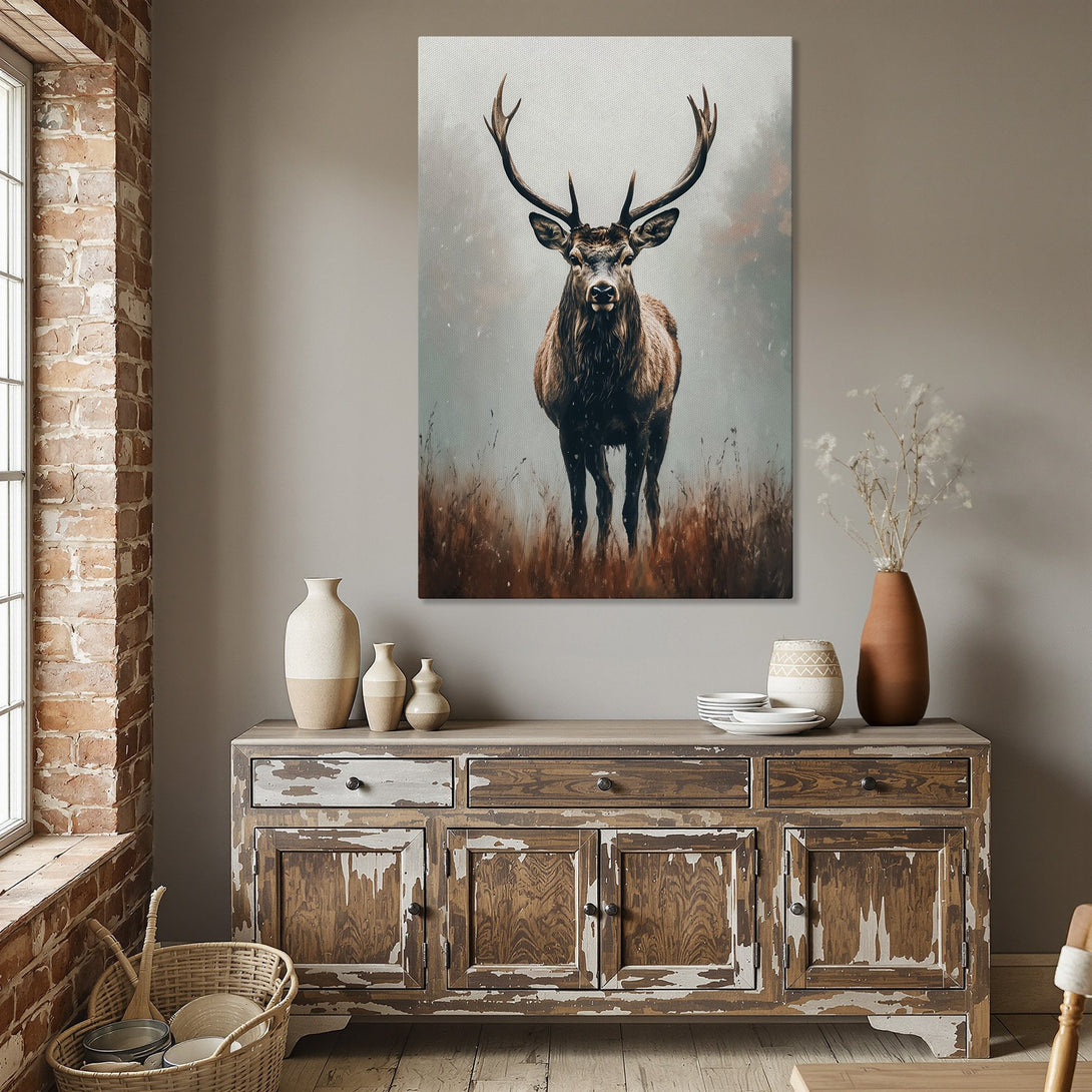 Framed Wall Art: Majestic stag canvas print in a dining room. Earthy tones and neutral palette create a warm, inviting atmosphere. Perfect for rustic decor.