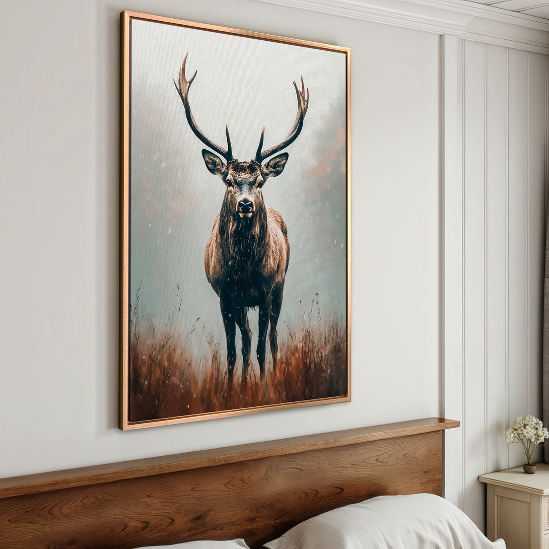 Framed Wall Art: Majestic stag canvas print in warm earth tones. Rustic style art for home decor. Enhance your space with this stunning artwork.