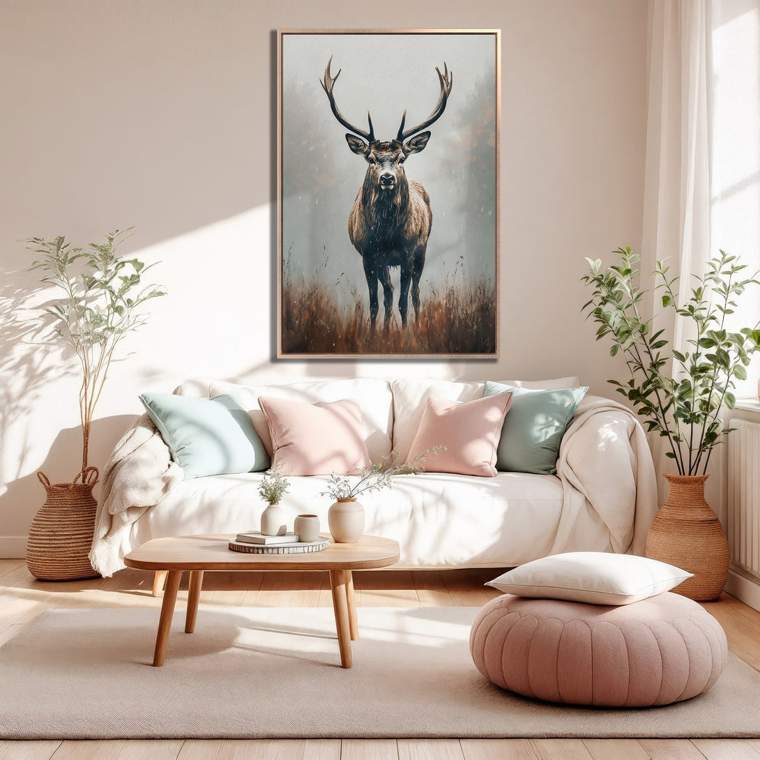 Framed Wall Art: Majestic stag canvas print in a cozy living room. Neutral color palette with pops of pink and blue. Perfect for adding a touch of nature.