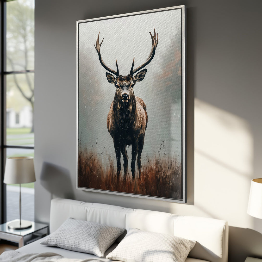 Framed Wall Art: Majestic stag canvas print in neutral tones. Rustic wildlife art for home decor. Earthy color palette.