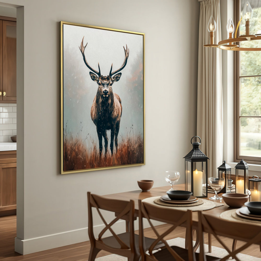 Canvas Print of a majestic stag in muted earth tones, perfect rustic wall art for a cozy living room.
