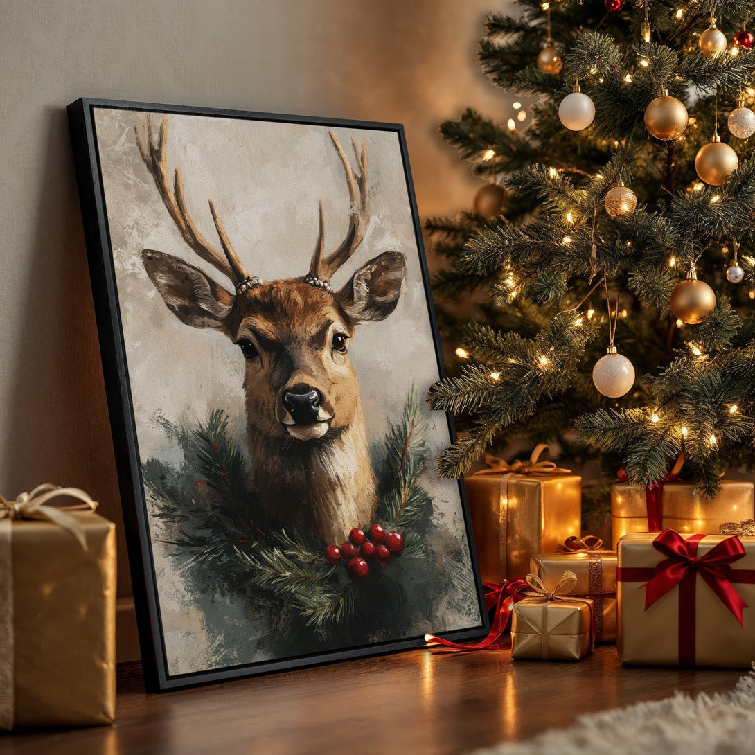Framed Wall Art: Rustic deer portrait with neutral tones and a Christmas theme. Perfect for holiday decor and adding warmth to your space.