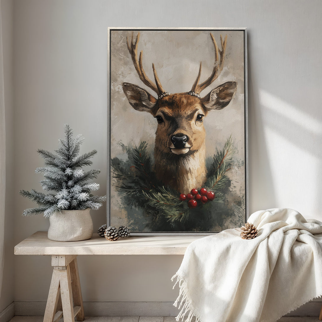 Framed Wall Art: Rustic deer portrait canvas print with a warm, neutral color palette. Perfect for holiday decor and adding a cozy touch to any space.