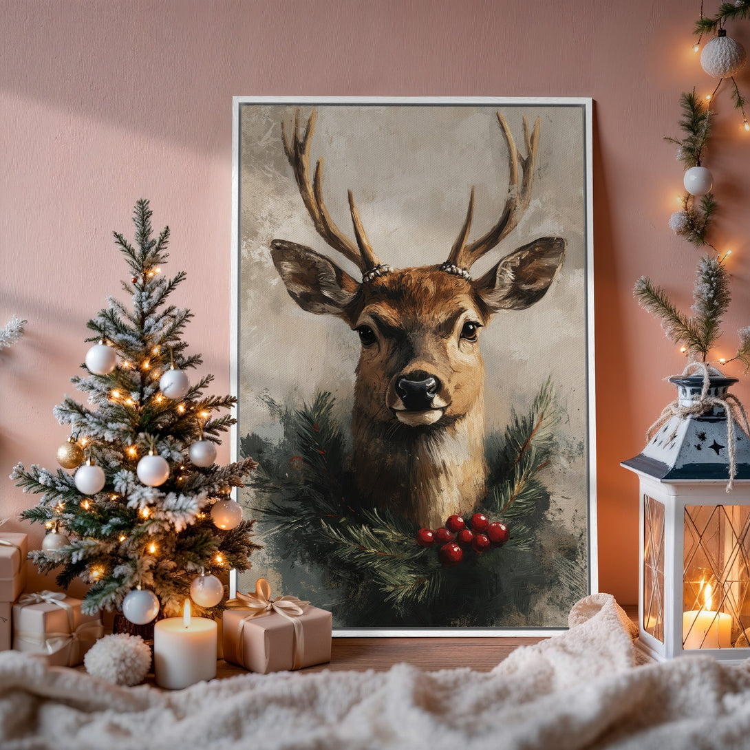 Framed Wall Art: Rustic deer portrait in warm, neutral tones. Perfect for holiday decor! Add cozy charm to your home with this beautiful Canvas Print.