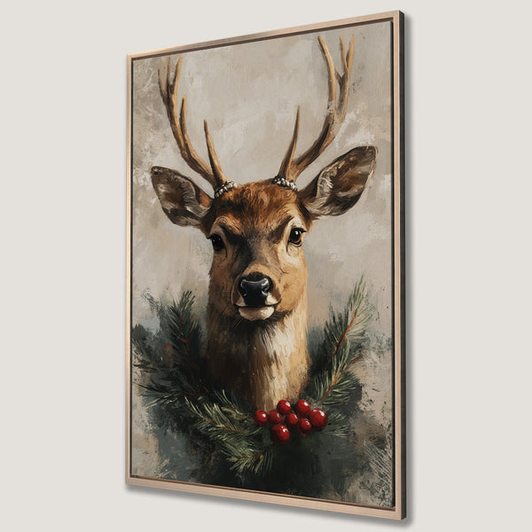 Framed Wall Art of a majestic deer. Rustic painting style with warm brown, green, and red tones. Perfect for holiday decor or adding a touch of nature.