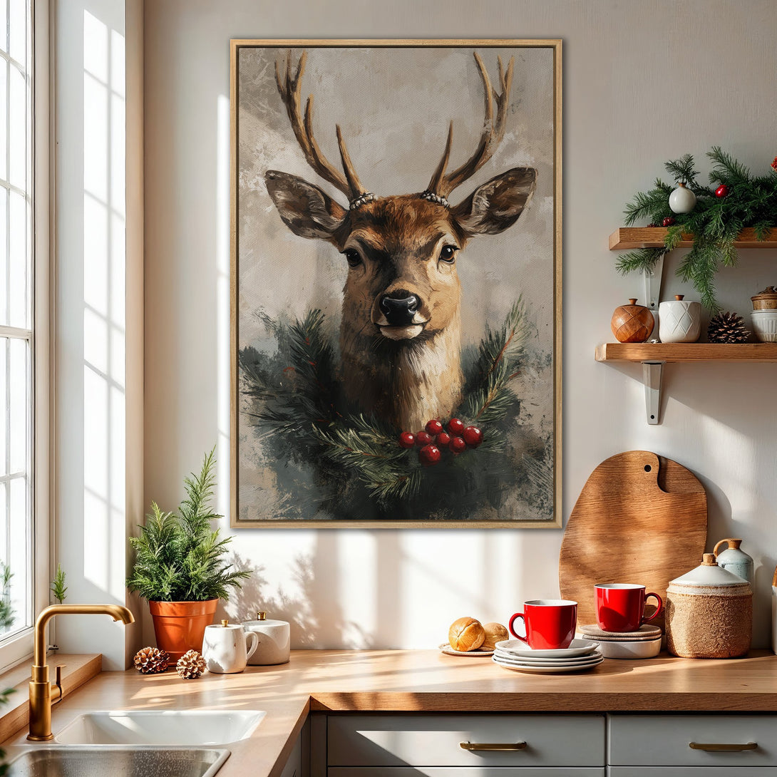 Framed Wall Art: Rustic deer portrait with a neutral palette. Perfect for farmhouse decor. Warm browns, greens, and reds create a cozy, inviting feel.