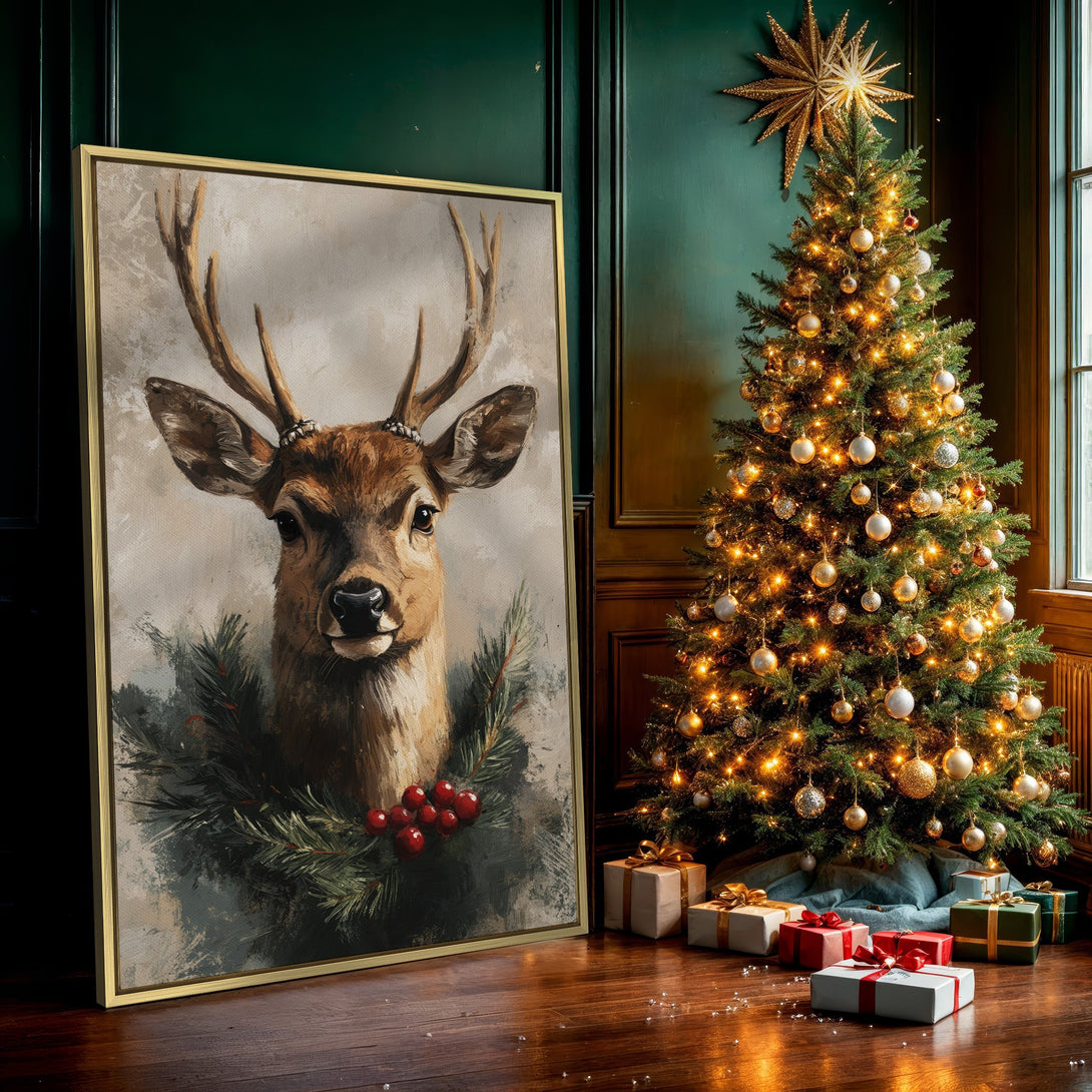 Canvas Print of a deer portrait in a rustic style, featuring a warm, neutral color palette with accents of green and red. Perfect for winter decor!