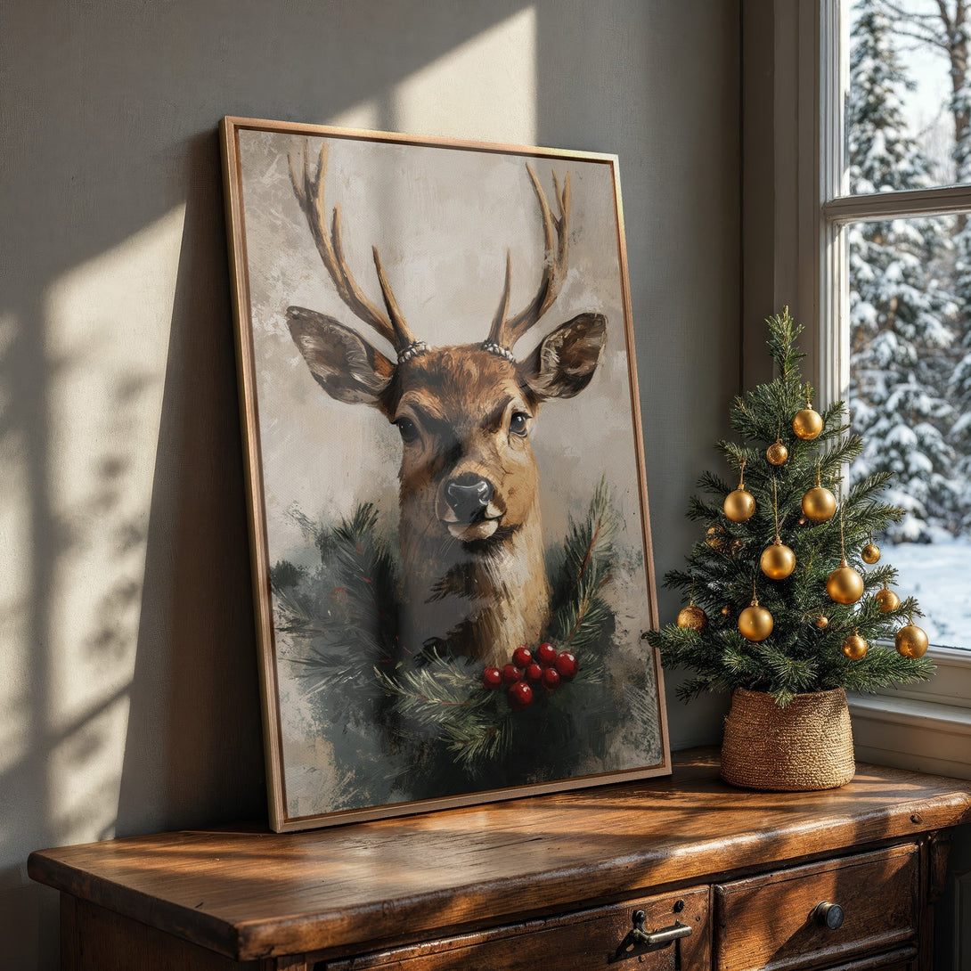 Framed Wall Art: Rustic deer portrait in a warm, neutral color palette. Perfect for holiday decor, this canvas print adds a touch of cozy elegance to any space.