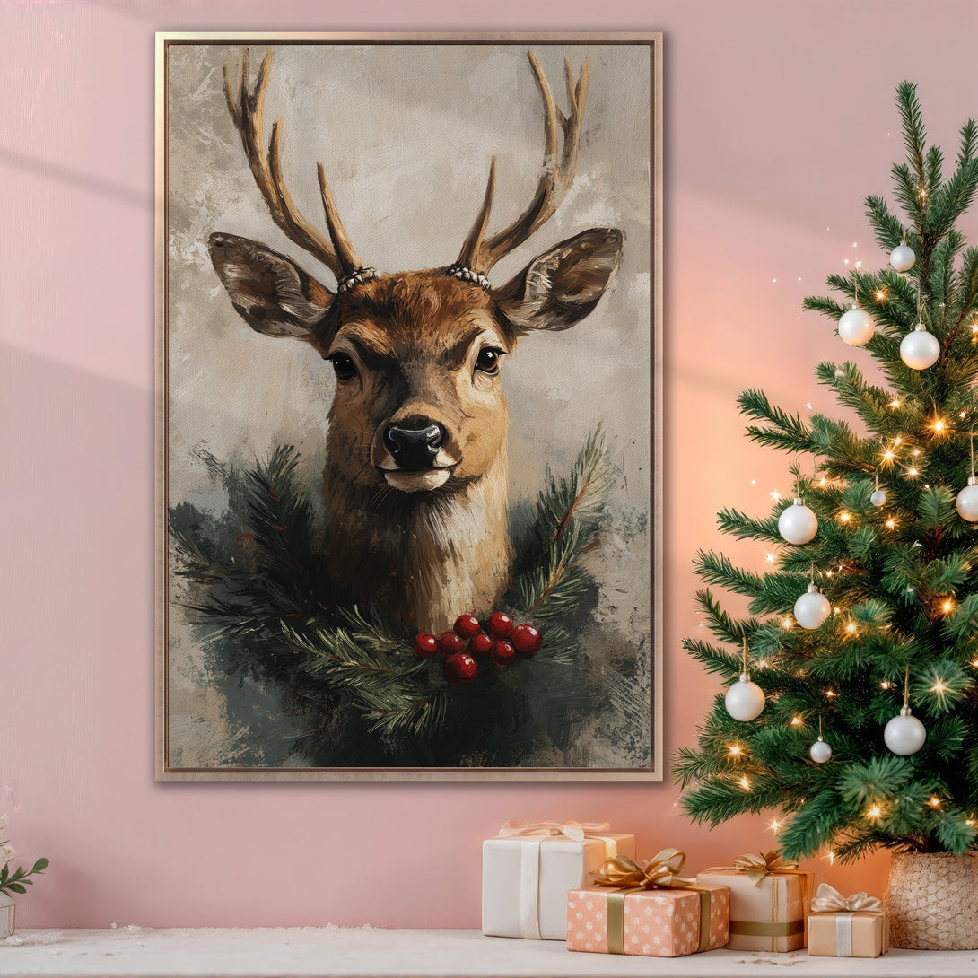 Framed Wall Art: Rustic deer portrait with Christmas wreath in warm brown & green tones. Perfect holiday decor for a cozy, inviting space.