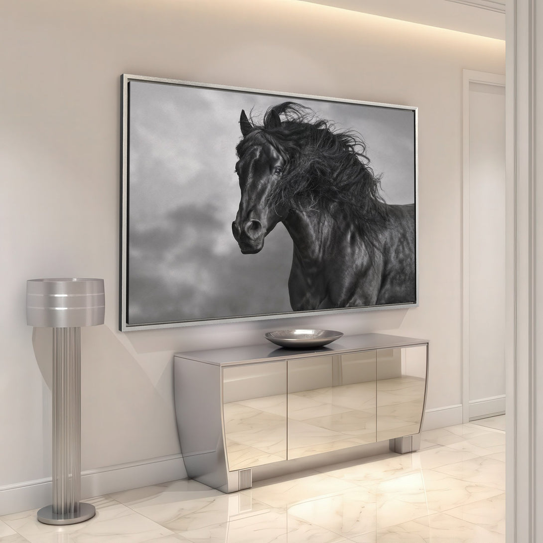 Framed Wall Art of a majestic black horse in a dramatic black and white style. Perfect for modern home decor.