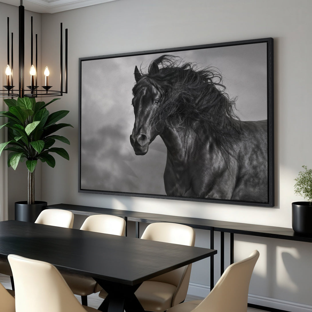 Framed Wall Art: Stunning black and white Canvas Print of a powerful horse. Modern, elegant decor for your home. Shop now for captivating wall art!
