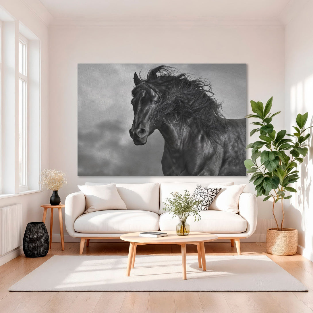 Framed Wall Art: Stunning black and white horse portrait canvas print. Elegant decor with gold frame, perfect for a sophisticated living space.