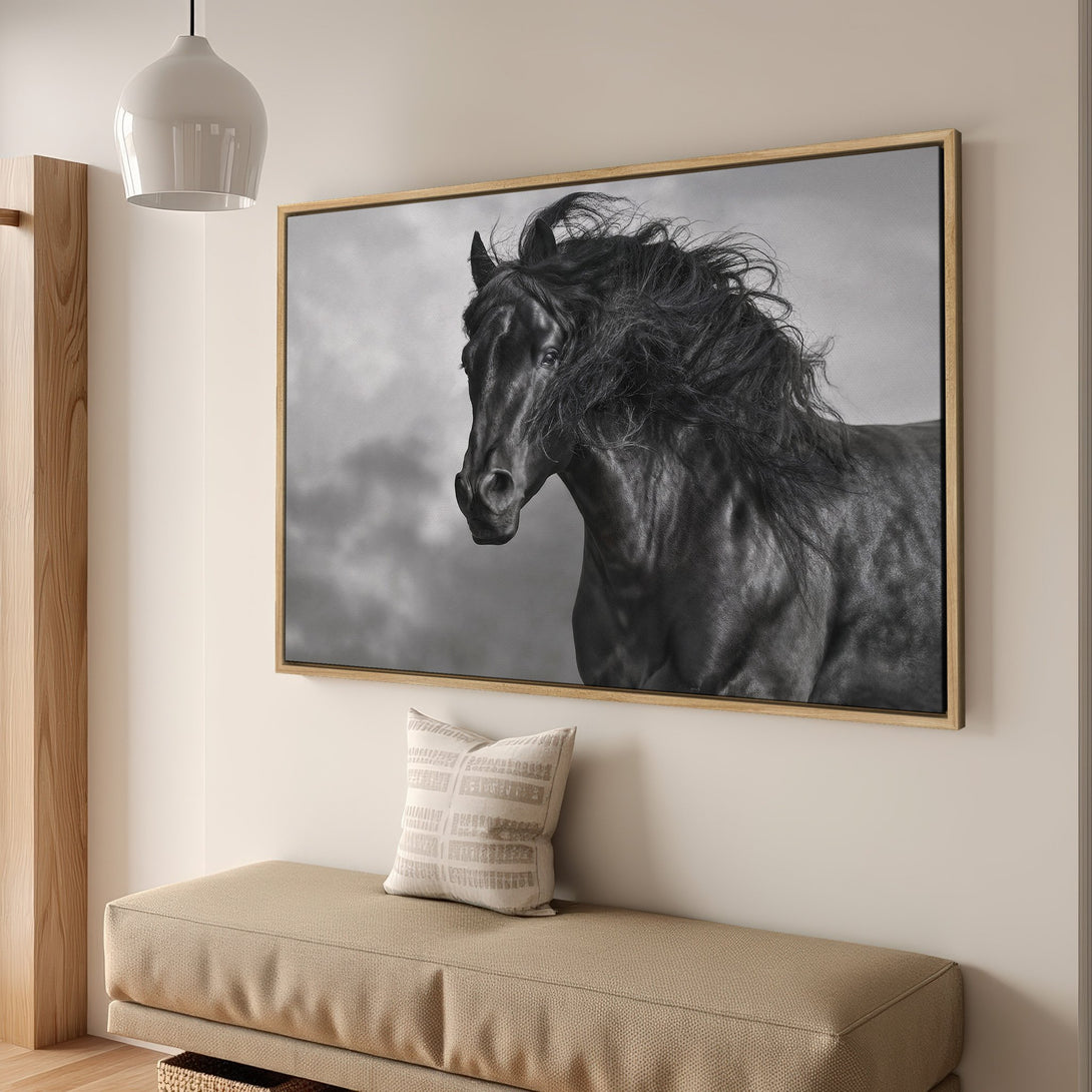 Framed Wall Art of a majestic black horse. Dramatic grayscale canvas print. Modern, elegant decor for any space.