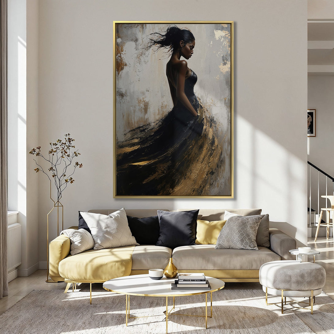 Canvas Print of a woman in a black dress, abstract style, with gold and neutral tones. Perfect wall art for modern decor.
