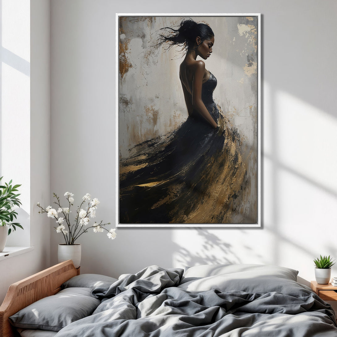 Framed Wall Art: Abstract painting of a woman in a black dress, with gold accents. Modern art for bedroom decor, neutral color palette.