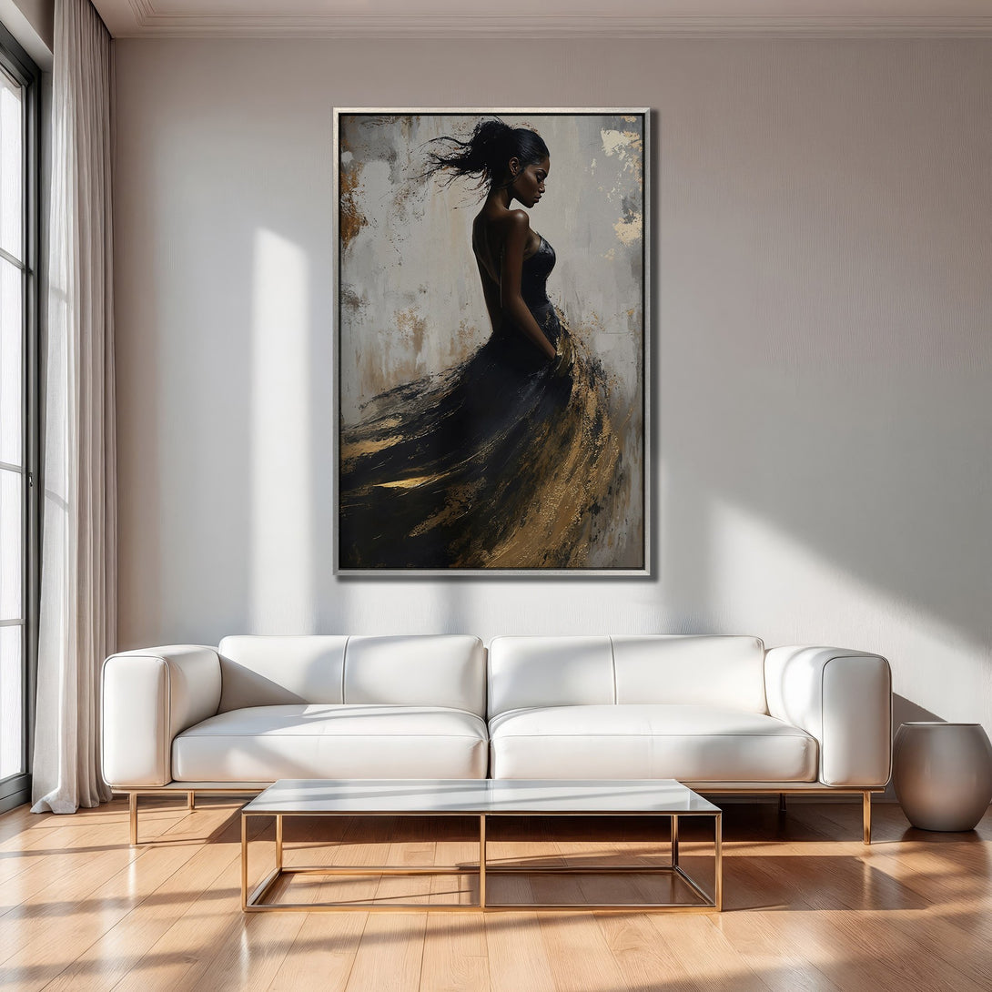 Framed Wall Art of elegant woman in black dress, abstract style. Neutral palette with gold accents. Perfect for modern interior decor.