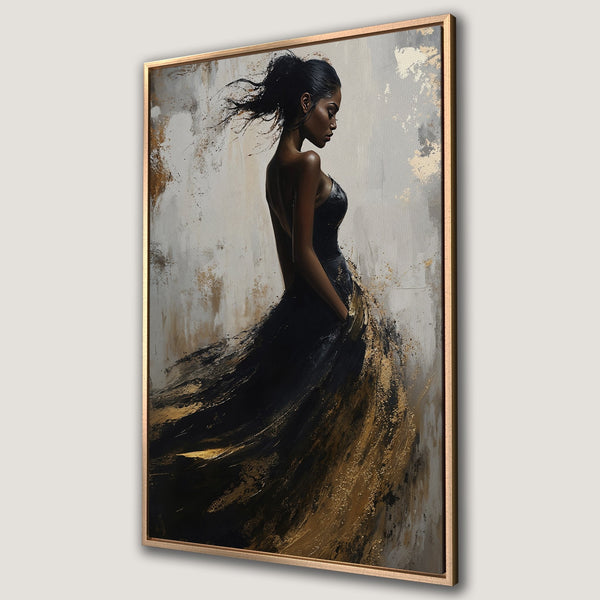 Framed Wall Art: Abstract portrait of a woman in a flowing black dress, gold and neutral color palette, perfect for modern decor.