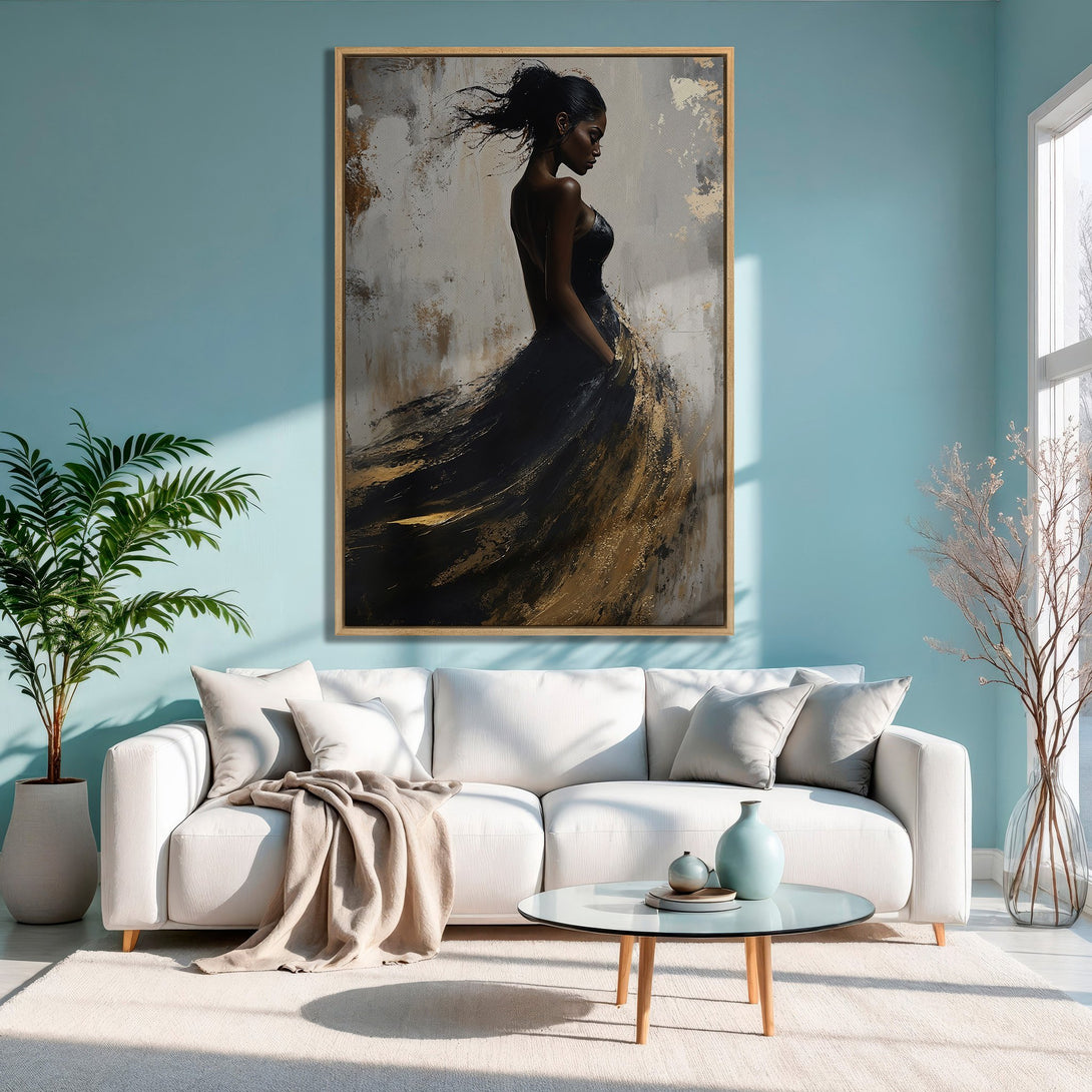 Framed Wall Art: Elegant woman in black dress, abstract style, gold and black tones. Perfect for modern home decor.