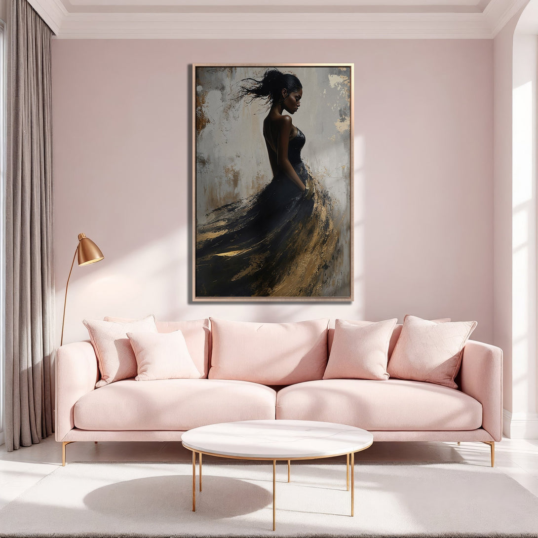 Framed Wall Art: Elegant woman in black and gold abstract painting. Modern art canvas print with a blush and gold color palette, perfect for home decor.