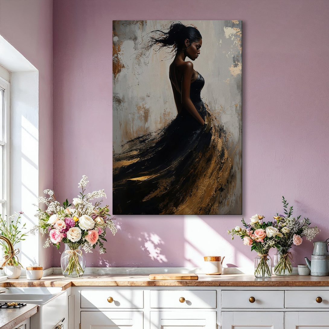 Framed Wall Art: Elegant woman in black dress, abstract painting style. Features gold, black, and neutral color palette. Perfect for modern home decor.