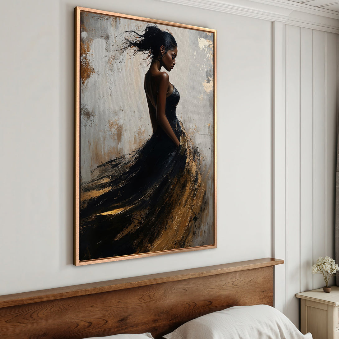Framed Wall Art: Elegant woman in black dress, abstract art style. Gold, black, and neutral color palette. Perfect for bedroom decor.