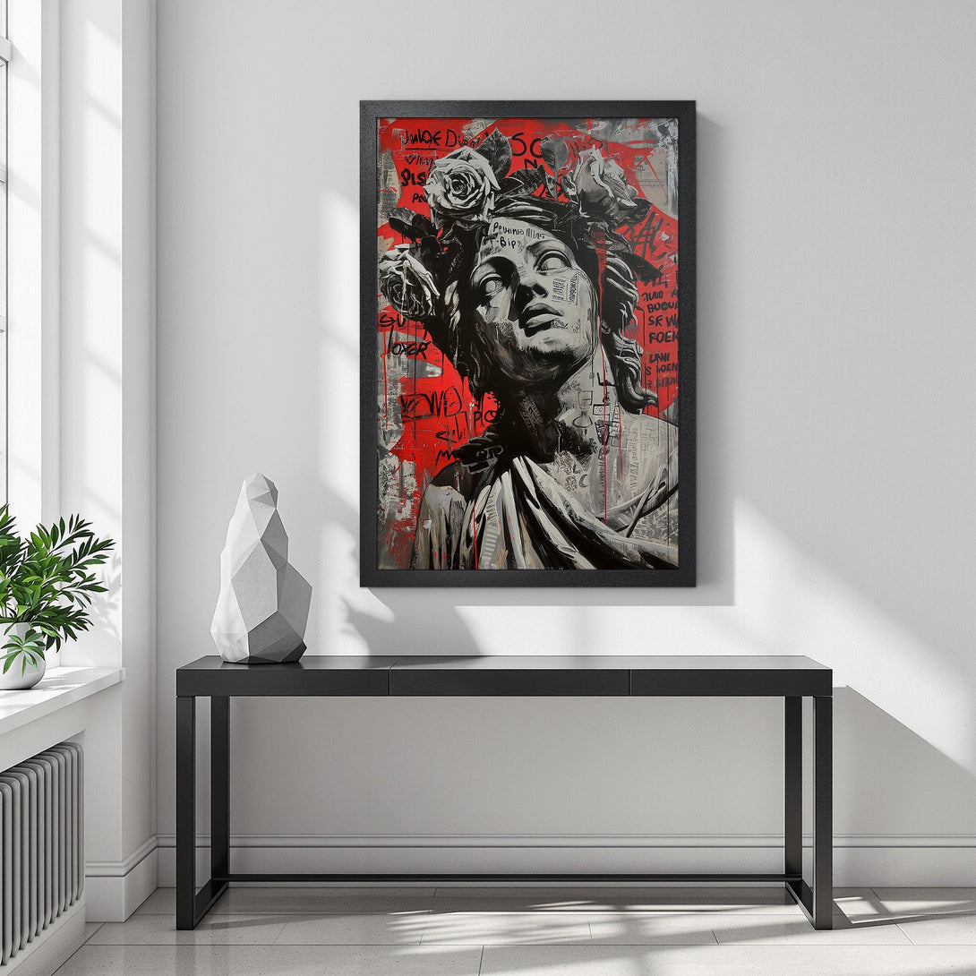Framed Poster featuring a statue with graffiti art style, in a red, black, and gray color palette. Perfect wall decor.