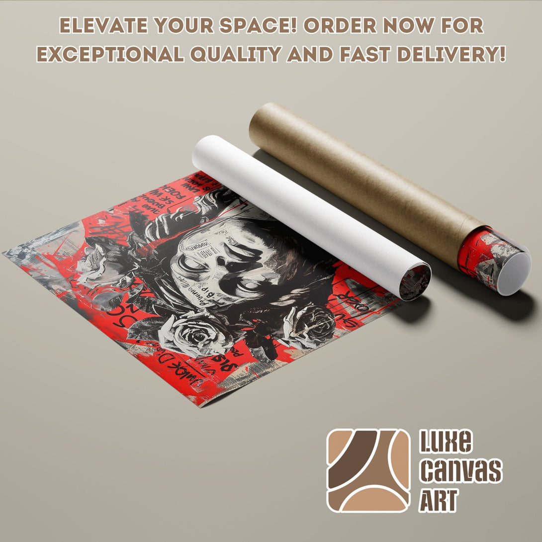 Poster Roll featuring a bold, grayscale portrait with red accents, modern art style, neutral color palette.
