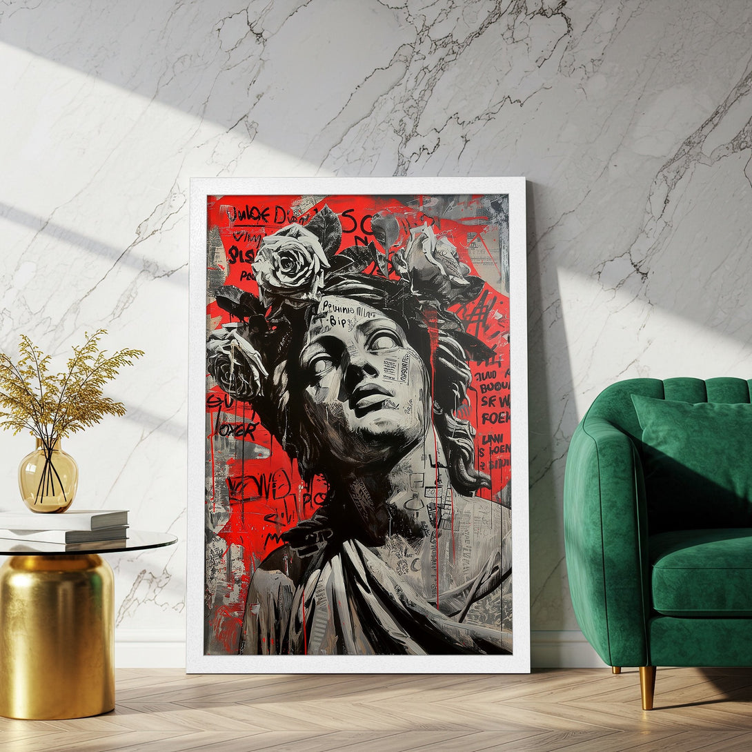 Framed Poster featuring a statue with roses, graffiti art style, bold red, black, and white color palette. Elevate your space!