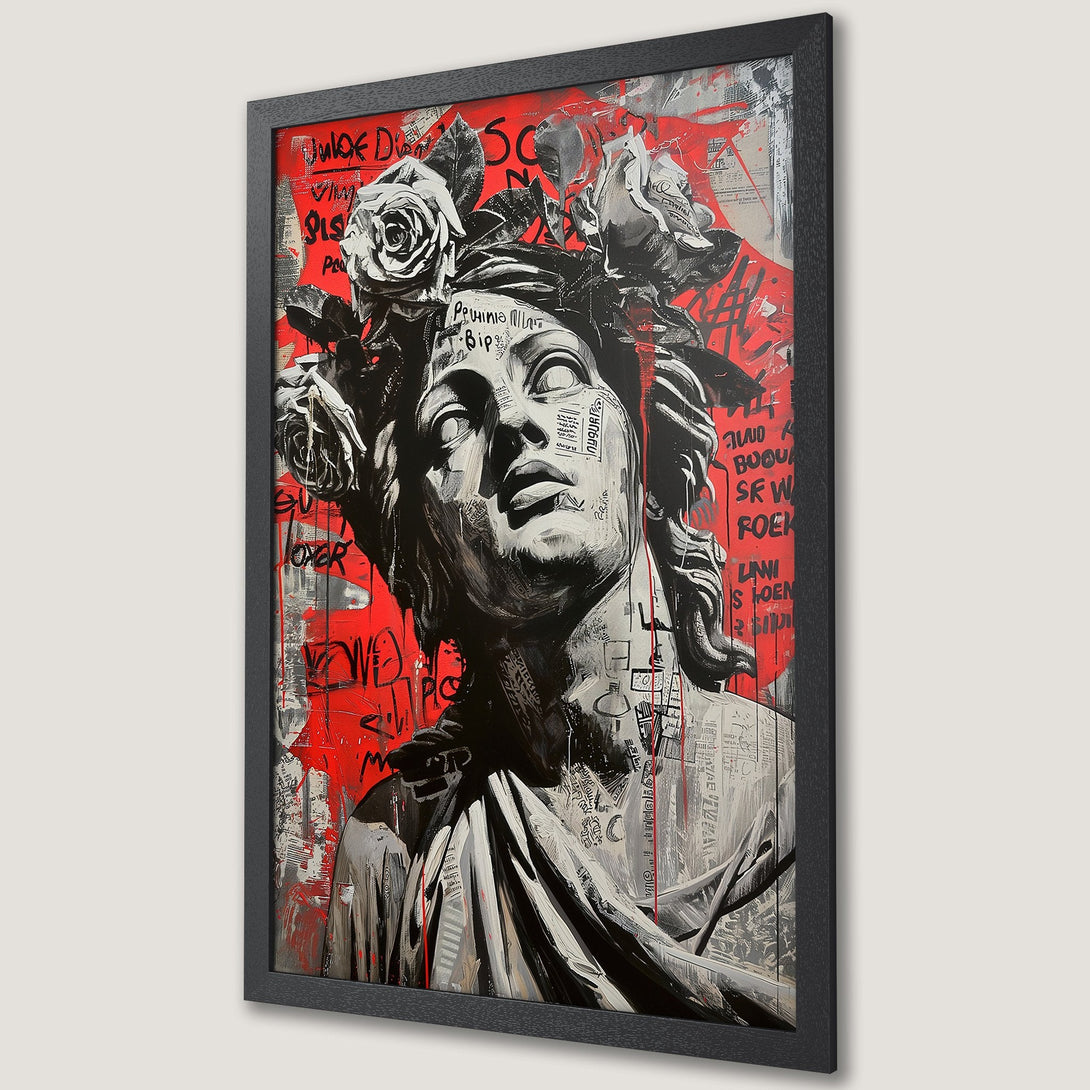 Framed Poster featuring a statue with graffiti art in a bold red, black, and white color palette. Modern art print.