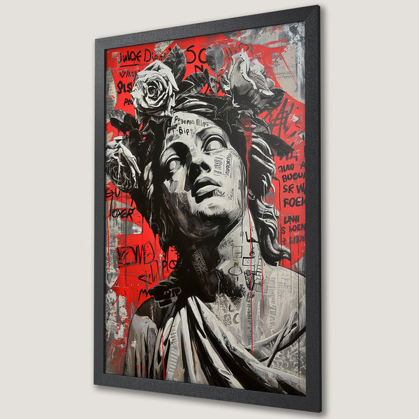 Framed Poster featuring a statue with graffiti art in a bold red, black, and white color palette. Modern art print.