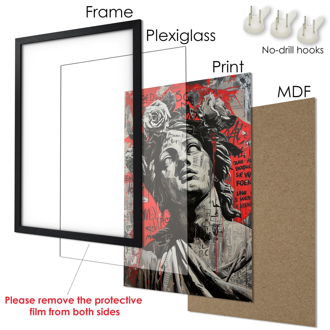 Framed Poster featuring a grey statue with red accents, in a modern art style. Black frame with a striking color palette.