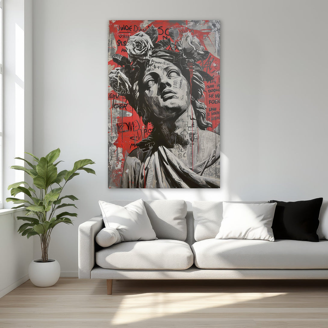 Framed Wall Art: Modern canvas print featuring a classical sculpture with graffiti accents, set against a vibrant red backdrop. Black, white, and gold color palette.