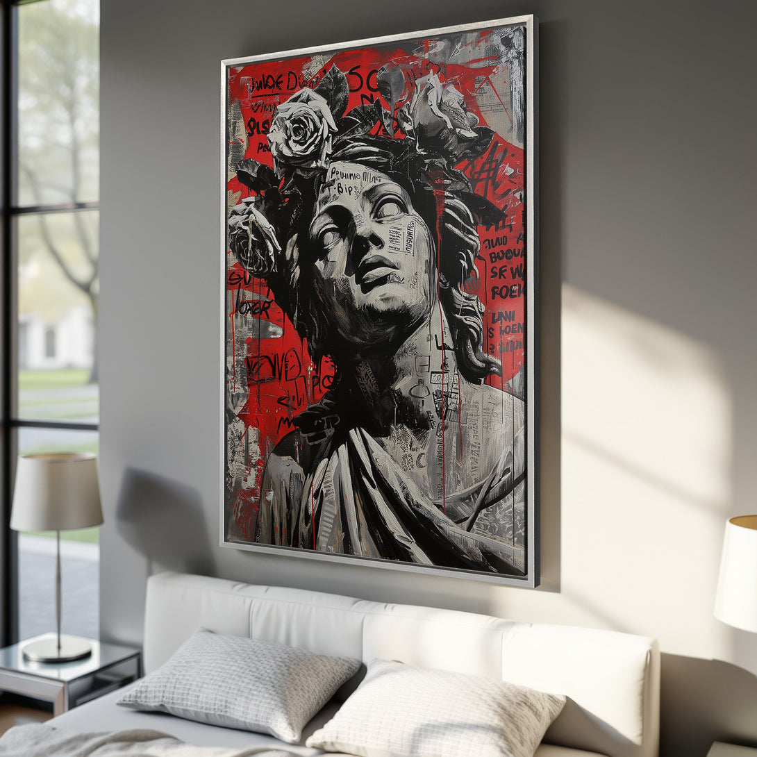 Framed Wall Art: Modern canvas print featuring a classical statue with graffiti and roses, in a red, black, and gray color palette. Perfect for bedroom decor!
