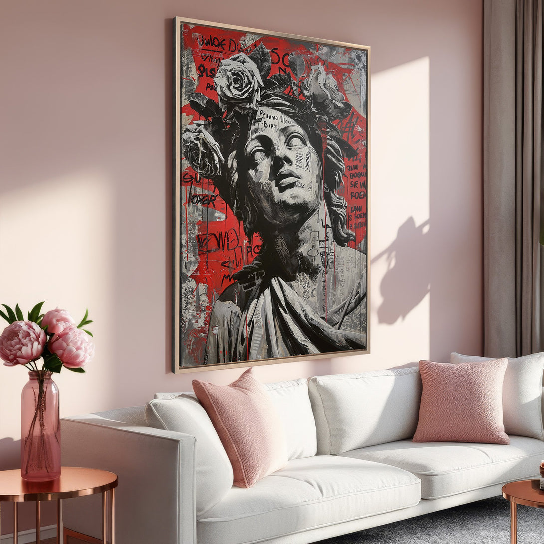 Framed Wall Art: Graffiti-style statue Canvas Print in red, black, and gray. Modern art piece with a blush and white interior setting.