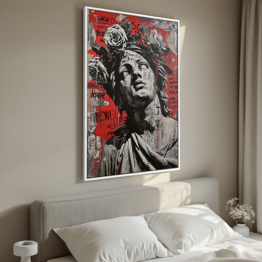 Framed Wall Art: Modern graffiti-style canvas print featuring a classical bust with roses, in a bold red, black, and white color palette. Perfect for adding a statement piece.