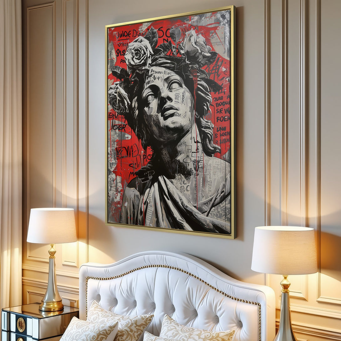 Canvas Print of a classical bust with roses, graffiti style, in a red, black, and gray color palette. Modern wall art.