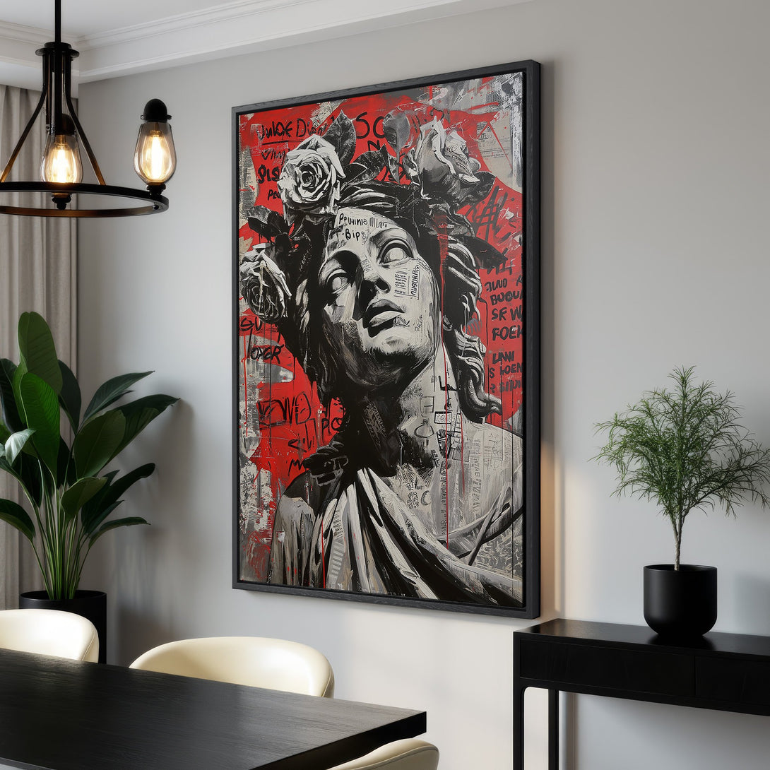 Framed Wall Art featuring a striking black & white statue with a red background. Modern art Canvas Print perfect for any interior.