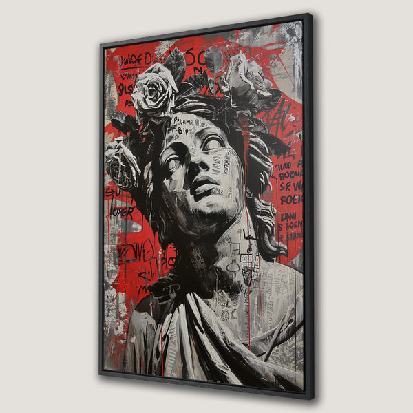 Framed Wall Art featuring a statue with roses in a graffiti-style design. Bold red, black, and white color palette. Modern art for your home!