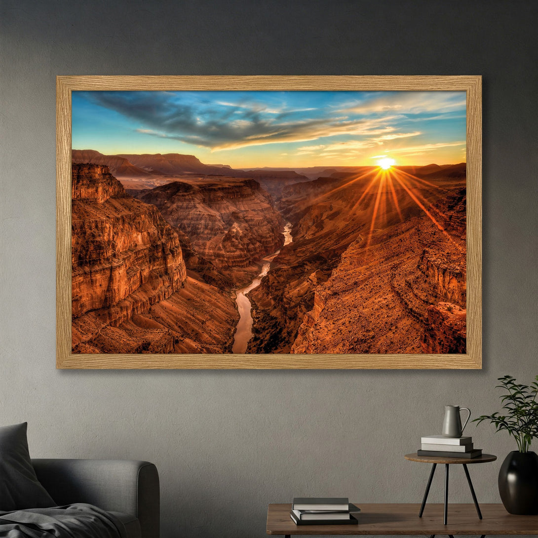 Framed Poster of Grand Canyon sunset. Warm, vibrant colors with a landscape style. Perfect wall art for any home.