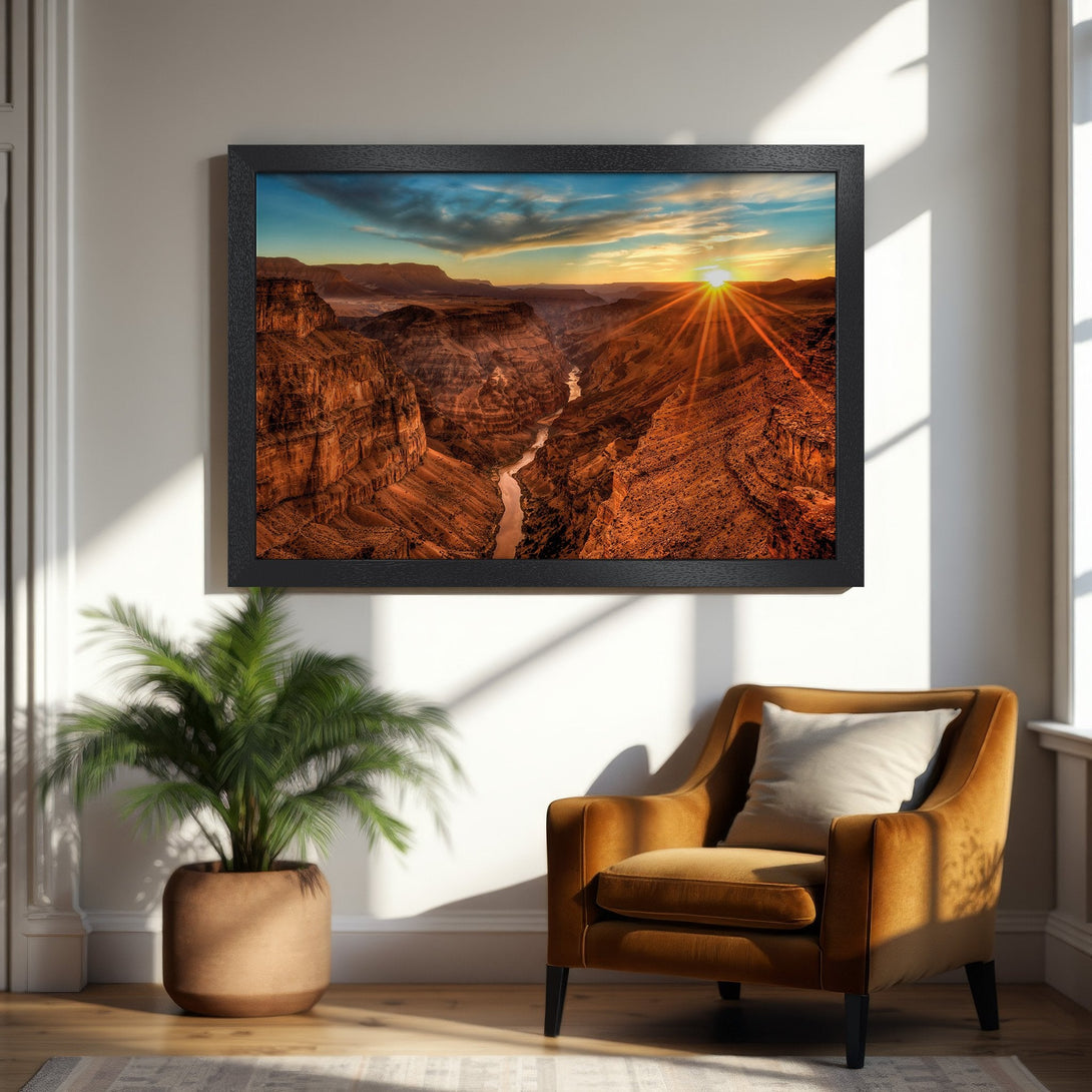Framed Poster featuring a stunning Grand Canyon sunset. Warm orange and blue tones create a dramatic landscape art piece. Perfect wall decor.