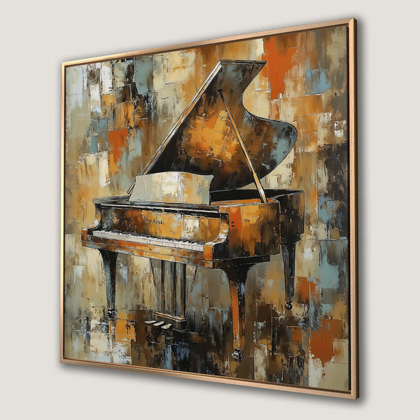 Framed Wall Art: Abstract piano painting in warm orange, brown, and blue tones. Perfect wall decor for music lovers, modern style.
