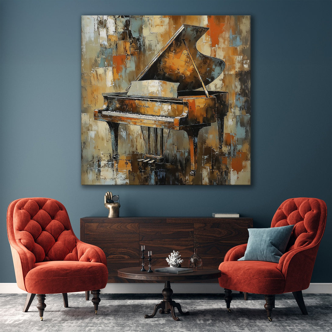 Framed Wall Art featuring an abstract piano painting in warm earth tones. Perfect for adding a touch of elegance to your living room decor.